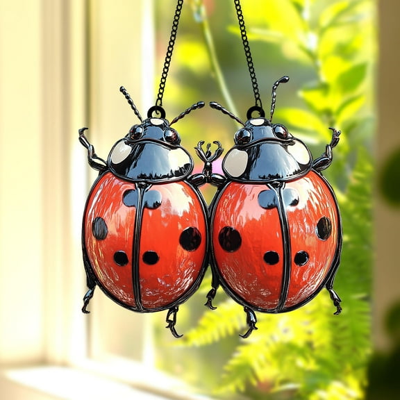 Ladybug Pair Acrylic Suncatcher, Faux Stained Glass Ladybug Window Hanging - Cute Bug Love Decor Gift for Mom