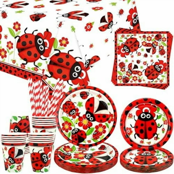 Ladybug Party Supplies - Ladybug Party Tableware - Dinner Plates Desserts Plates Cups Napkins Tablecover Straws for Ladybug Birthday Party Decorations Baby Shower Supplies, Serves 20