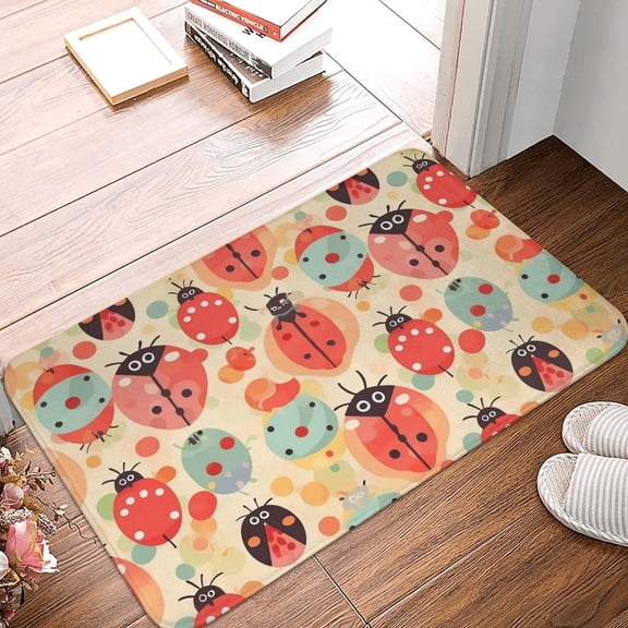 Ladybug Pattern Door Mat Heavy Duty Indoor Outdoor Non-Slip Absorbent Low-Profile Washable Flannel Entry and Bath Rug 16 x 24 Inch