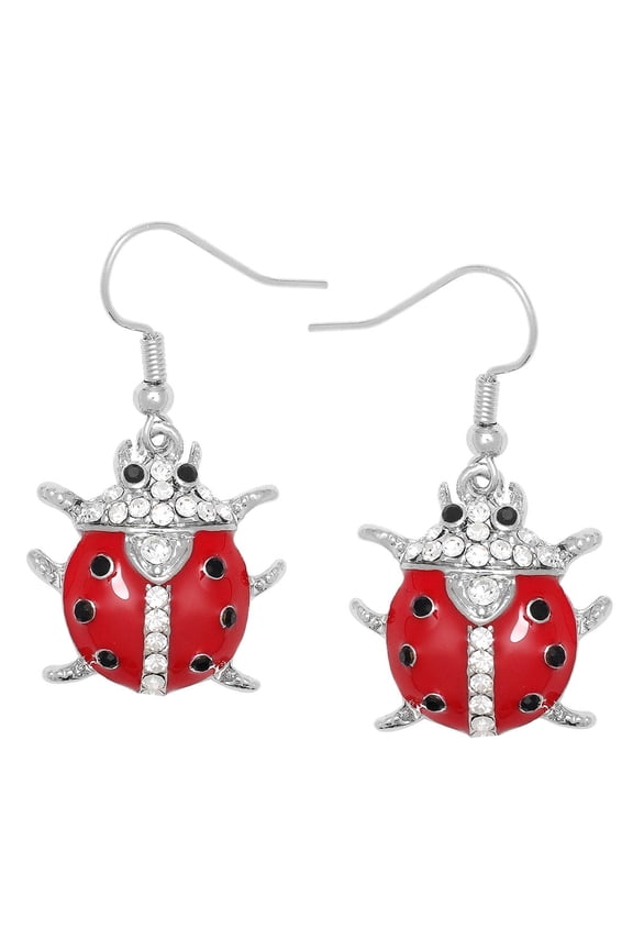 Ladybug Earring Hand Painted Rhinestone Crystal Rhodium Plated E2908