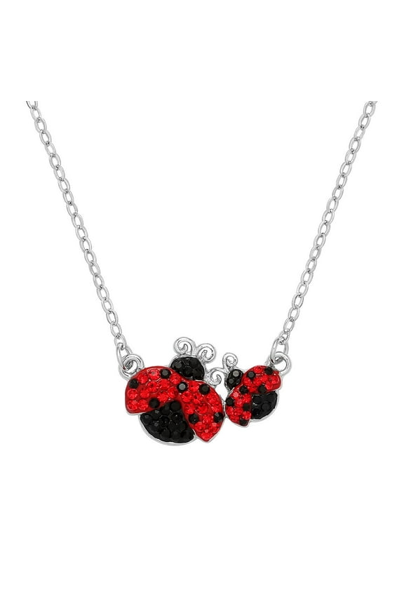 Ladybug Pendant Necklace Rhinestone Crystal Rhodium Plated 17 Inch Link Chain J1079