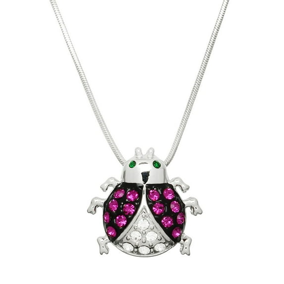 Ladybug Pendant Necklace Rhinestone Crystal Rhodium Plated 17 Inch Snake Chain J0314