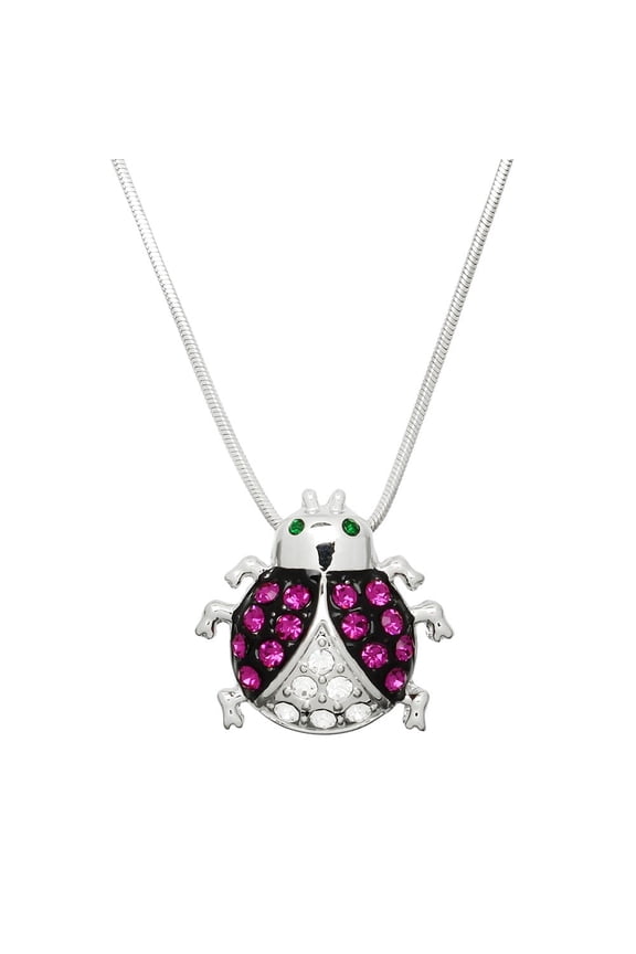 Ladybug Pendant Necklace Rhinestone Crystal Rhodium Plated 17 Inch Snake Chain J0314