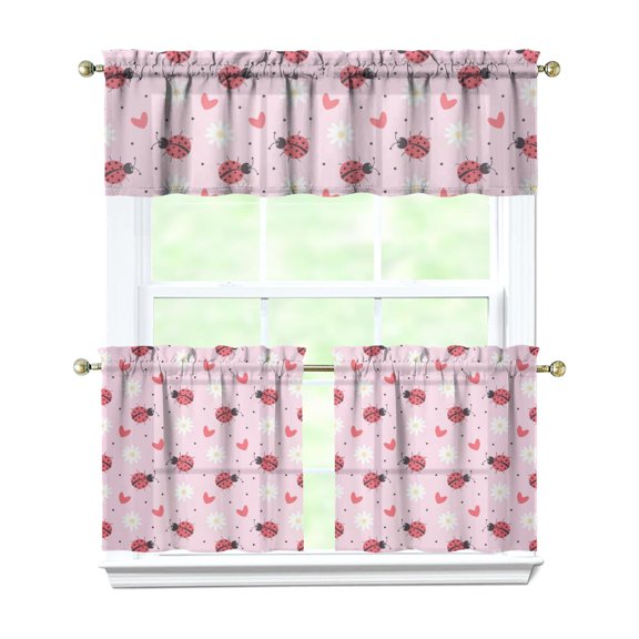 Ladybug Print Kitchen Curtains Set of 3 - 54x18 Inch Valance & 27.5x24 Inch Tier Curtains, Red Polka Dot Semi-Sheer Farmhouse Caf Curtains with Rod Pocket for Kitchen, Bathroom, Laundry Room