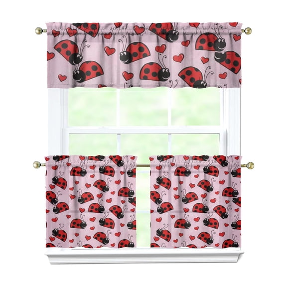 Ladybug Print Kitchen Curtains Set of 3 - 54x18 Inch Valance & 27.5x24 Inch Tier Curtains, Red Polka Dot Semi-Sheer Farmhouse Caf Curtains with Rod Pocket for Kitchen, Bathroom, Laundry Room