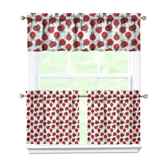 Ladybug Print Kitchen Curtains Set of 3 - 54x18 Inch Valance & 27.5x24 Inch Tier Curtains, Red Polka Dot Semi-Sheer Farmhouse Caf Curtains with Rod Pocket for Kitchen, Bathroom, Laundry Room