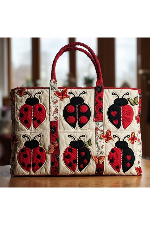Ladybug Print Quilted Tote Bag, Cute Insect Pattern Shoulder Tote, Lightweight Travel Shopping Bag