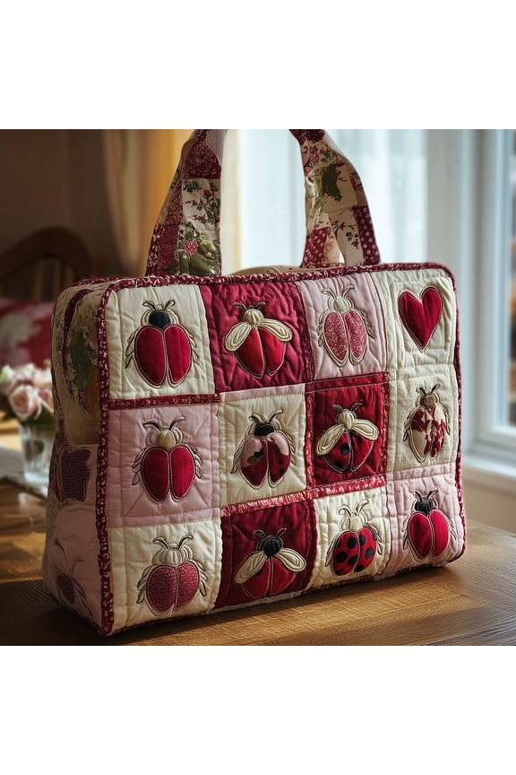 Ladybug Print Quilted Tote Bag, Red Garden Bug Pattern Shoulder Tote, Lightweight Travel Shopping Bag