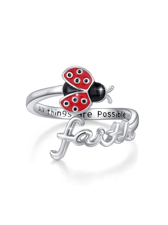Ladybug Ring Faith Ring for Women925 Sterling Silver Ladybug Open Rings Adjustable Christian Inspirational Jewelry Gifts for Birthday Christmas