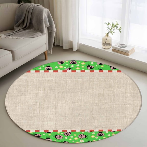 Ladybug Round Rugs for Living Room 3ft Yellow Daisy Floral Insects Pastoral Style Linen Texture Green Non Slip Circle Rug Washable Low-Profile Indoor Carpet for Bedroom, Dining Room, Bathroom