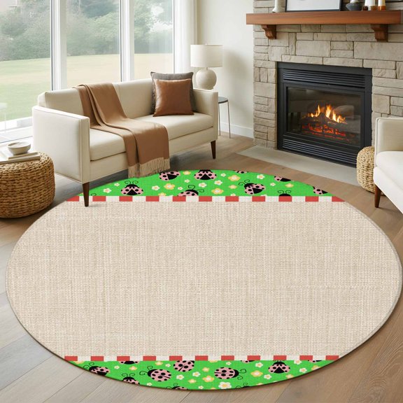 Ladybug Round Rugs for Living Room 6ft Yellow Daisy Floral Insects Pastoral Style Linen Texture Green Non Slip Circle Rug Washable Low-Profile Indoor Carpet for Bedroom, Dining Room, Bathroom