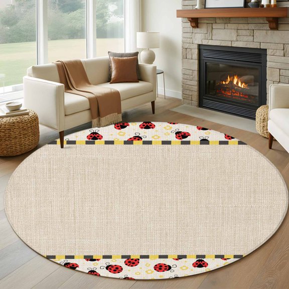 Ladybug Round Rugs for Living Room 7ft Yellow Daisy Floral Insects Pastoral Style Linen Texture Non Slip Circle Rug Washable Low-Profile Indoor Carpet for Bedroom, Dining Room, Bathroom