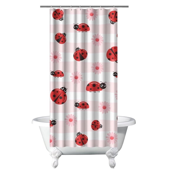 Ladybug Shower Curtain 36x72 Inch - Red Garden Ladybug Cartoon Print, Premium Waterproof Polyester Fabric, Rust-Resistant Grommets & Hooks Included, Machine Washable Quick Dry Bath Curtain
