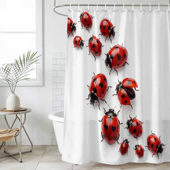Ladybug Shower Curtain Set, Waterproof Shower Curtains for Bathroom, Red Black Animals Vintage Washable Fabric Cloth Bath Curtain for Bathtub Decoration with Hooks 72x78 Inches