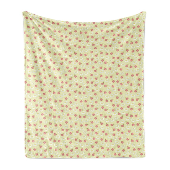 Ladybug Soft Flannel Fleece Throw Blanket, Bugs and Flourishing Daisies Pattern Pastel Colored Illustration, Cozy Plush for Indoor and Outdoor Use, 50" x 70", Pale Yellow White, by Ambesonne
