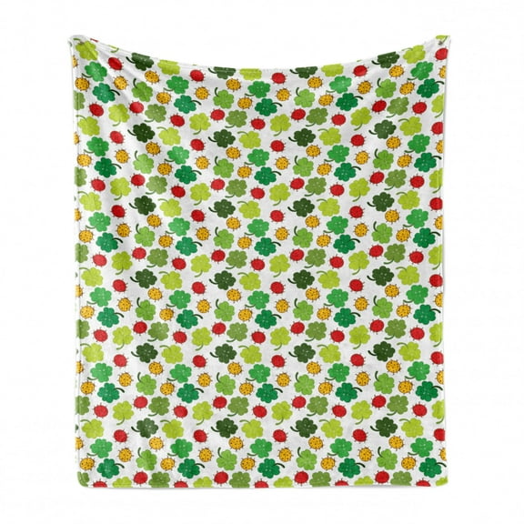 Ladybug Soft Flannel Fleece Throw Blanket, Clover Leaves with Ladybugs Floral Celebration Saint Patrick Day Holiday Pattern, Cozy Plush for Indoor and Outdoor Use, 50" x 70", Multicolor, by Ambesonne