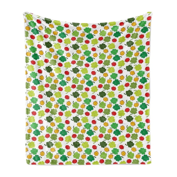 Ladybug Soft Flannel Fleece Throw Blanket, Clover Leaves with Ladybugs Floral Celebration Saint Patrick Day Holiday Pattern, Cozy Plush for Indoor and Outdoor Use, 60" x 80", Multicolor, by Ambesonne