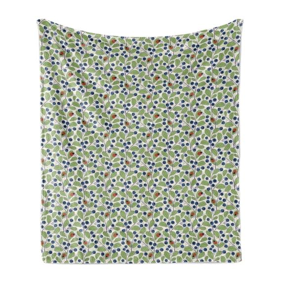 Ladybug Soft Flannel Fleece Throw Blanket, Little Bugs on Bilberry Leaf Branches Foliage Plants Gardening Theme, Cozy Plush for Indoor and Outdoor Use, 50" x 60", Vermilion Dark Blue, by Ambesonne