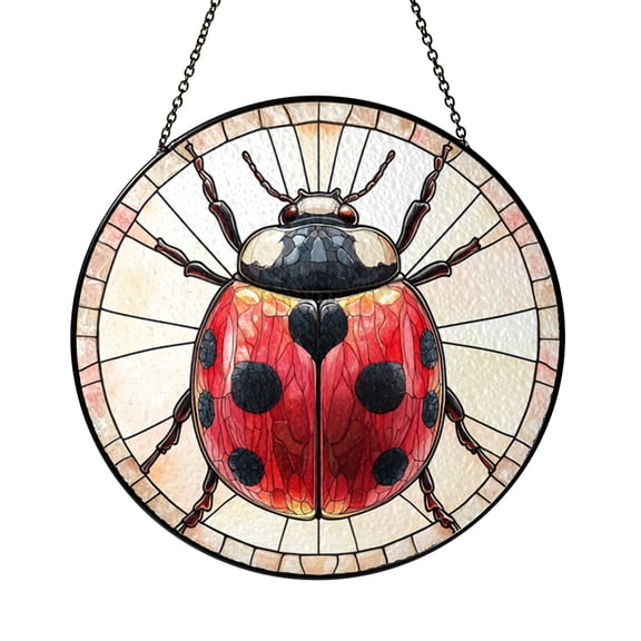 Ladybug Stained Glass Style Suncatcher Window Hanging Decor, Cute Red Ladybug Decorative Glass Panel Art for Garden Window Decoration, Spring Nature Insect Ornament for Home Window Decor