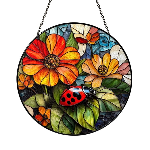 Ladybug Stained Glass Style Window Hanging, Cute Garden Nature Decor for Bright Home Spaces