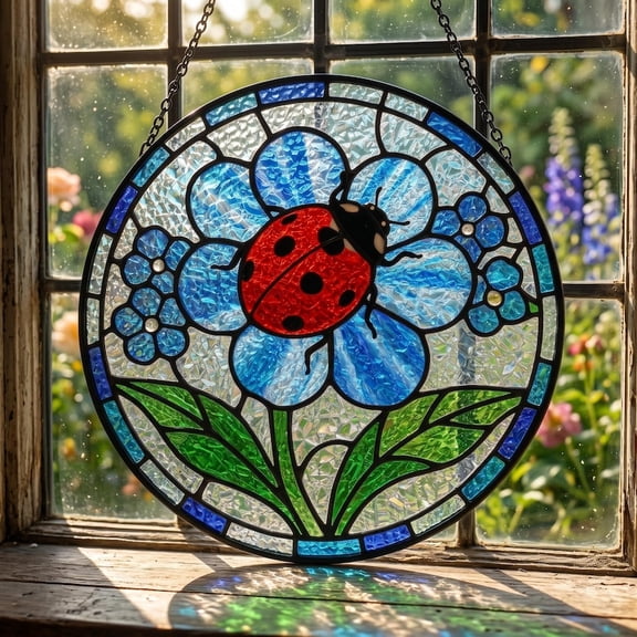 Ladybug Stained Glass Suncatcher, Forget Me Not Flower Round Glass Window Hanging, Good Luck Floral Garden Decor
