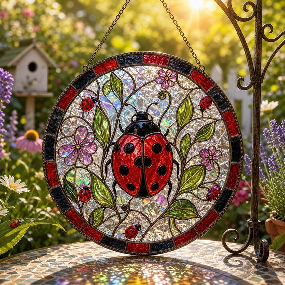 Ladybug Stained Glass Suncatcher Round Hanging Window Decor Gift for Garden Lovers