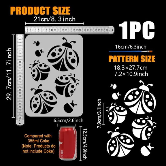 Ladybug Stencil with a Paint Brush 11.7x8.3Inch Little Ladybug Stencil PET Decoration Template Animal Themes Template for Wood Wall Fabric