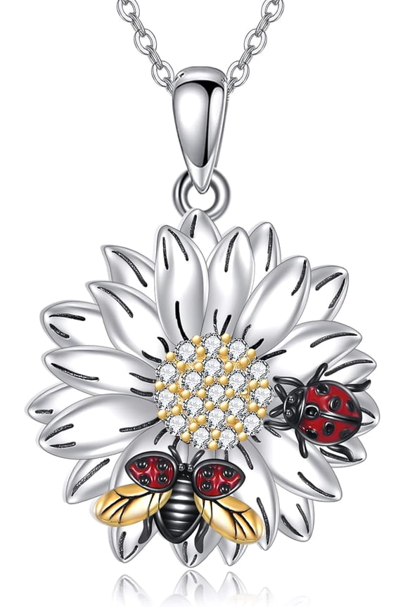 Ladybug Sunflower Necklace S925 Sterling Silver Ladybugs Sunflower Pendant Necklaces Funny Folwer Jewelry Gifts for Women