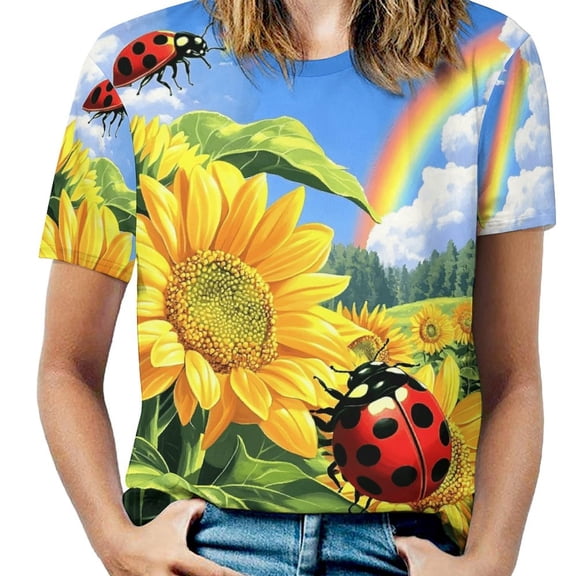 Ladybug Sunflower Rainbow Womens Tops Women's Fashion Casual Short Sleeve Flower Print Round Neck Pullover Top Blouse