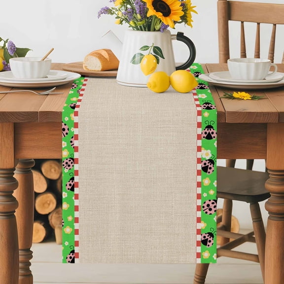 Ladybug Table Runner 13x48 Inch Yellow Daisy Floral Insects Pastoral Style Linen Texture Green Cotton Linen Dining Table Runner Ideal for Dresser Kitchen Coffee Tables - Machine Washable
