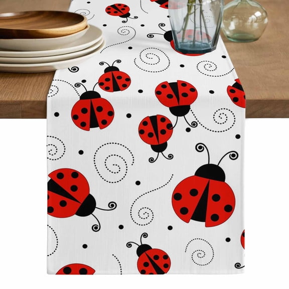 Ladybug Table Runner, Cartoon Red Black Dots Animals Modern Simple Washable Cotton Linen Table Runners 48 Inches Long, Dresser Scarf Runner for Nightstand/Coffee/End Tables 13''x48''