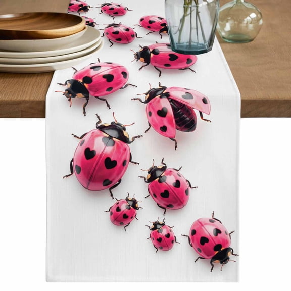 Ladybug Table Runner, Red Black Animals Washable Cotton Linen Table Runners 48 Inches Long, Dresser Scarf Runner for Nightstand/Coffee/End Tables 13''x48''