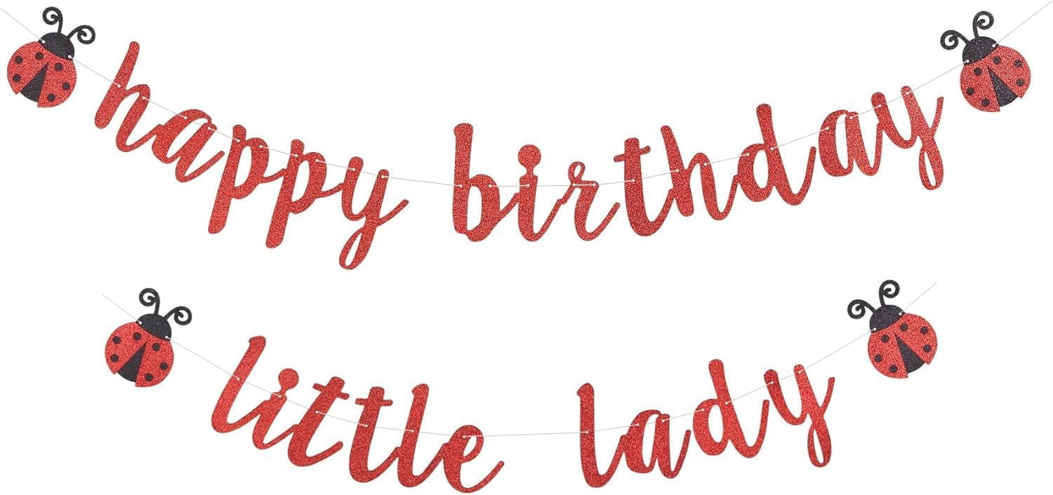 Ladybug Theme Banner Happy Birthday Little Lady Banner Red Glitter Girl Baby Shower Birthday Party Backdrops 1st/2nd/3rd Birthday Decorations