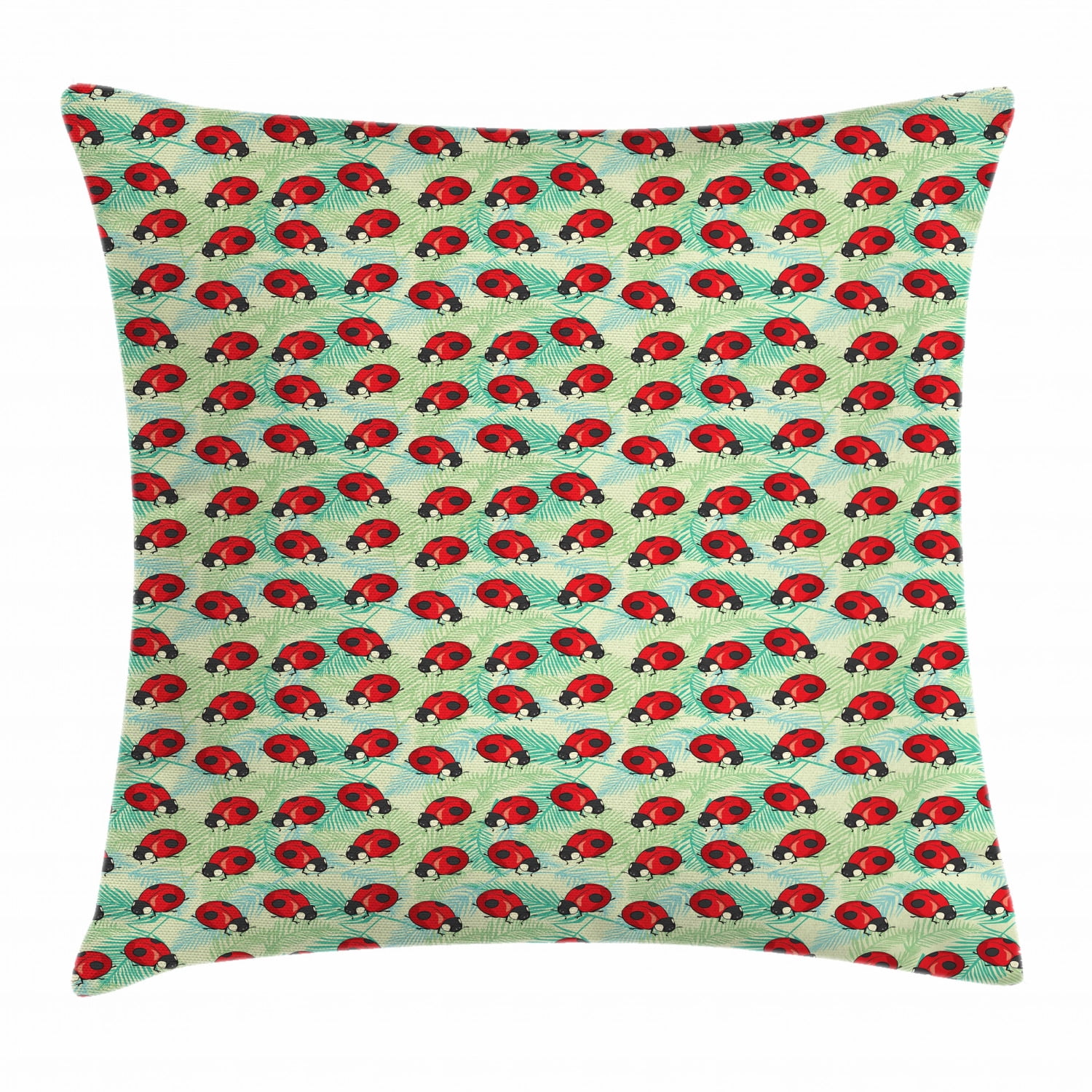 Ladybug Throw Pillow Cushion Cover, Spring Bugs on Tropical Leaves