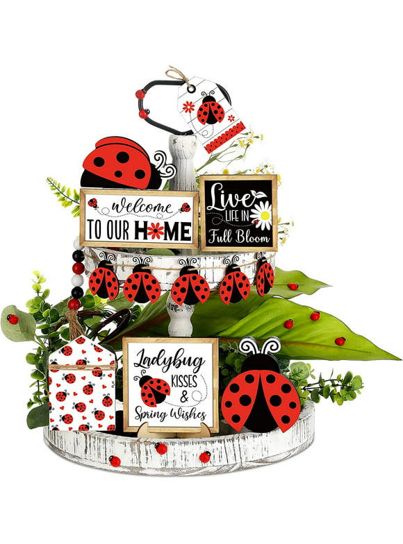 Ladybug Tiered Tray Decor Wood Sign Ladybird Tiered Tray Decorations Spring Summer Red Ladybird for Home Kitchen Shelf Display Rustic Farmhouse Table Signs Home Decor