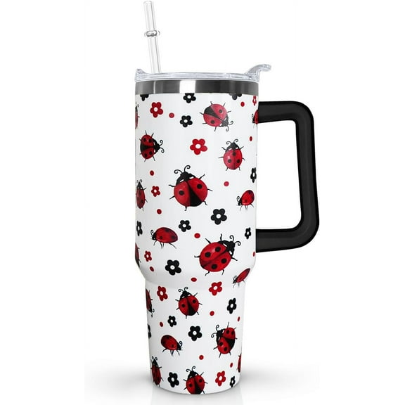 Ladybug Tumbler 30 oz With Handle - Stainless Steel Double-Wall Vacuum Insulated Coffee Travel Mug & Water Bottle - Leak-Proof Lid - Ladybug Decor Gift for Women