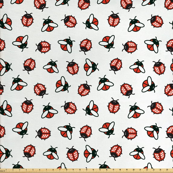 Ladybug Upholstery Fabric by the Yard, Pattern of Insects with Dotted Wings Cartoon Style Beetles Design, Decorative Fabric for DIY and Home Accents, Vermilion White by Ambesonne