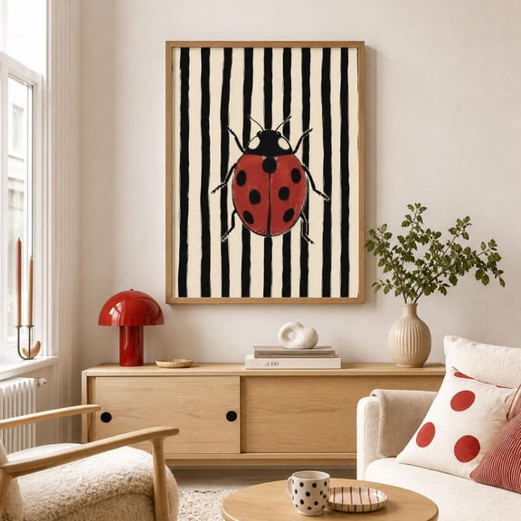 Ladybug Wall Art Print, Botanical Garden Bug Poster, Red Striped Cottagecore Decor Unframed Paper Print
