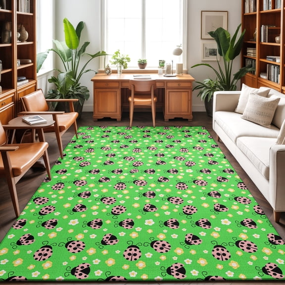 Ladybug Washable Area Rug 9 x 12 ft Yellow Daisy Floral Insects Pastoral Style Green Background, Soft Non Slip Rugs Stain Repellent Indoor Felt Carpet for Living Dining Room Bedroom Home Office
