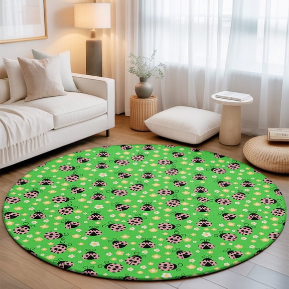 Ladybug Washable Round Area Rug 3 ft, Yellow Daisy Floral Insects Pastoral Style Green Background, Soft Non Slip Rugs Stain Repellent Indoor Felt Carpet for Living Dining Room Bedroom Home Office