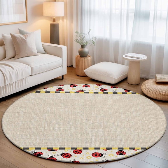 Ladybug Washable Round Area Rug 3 ft, Yellow Daisy Floral Insects Pastoral Style Linen Texture, Soft Non Slip Rugs Stain Repellent Indoor Felt Carpet for Living Dining Room Bedroom Home Office