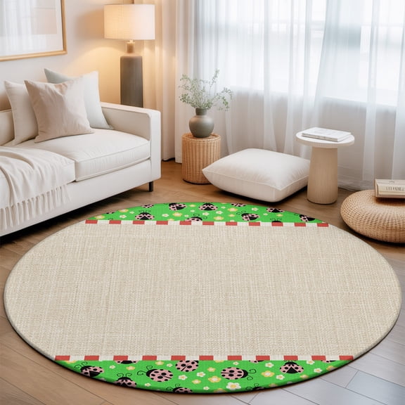 Ladybug Washable Round Area Rug 4 ft, Yellow Daisy Floral Insects Pastoral Style Linen Texture Green, Soft Non Slip Rugs Stain Repellent Indoor Felt Carpet for Living Dining Room Bedroom Home Office