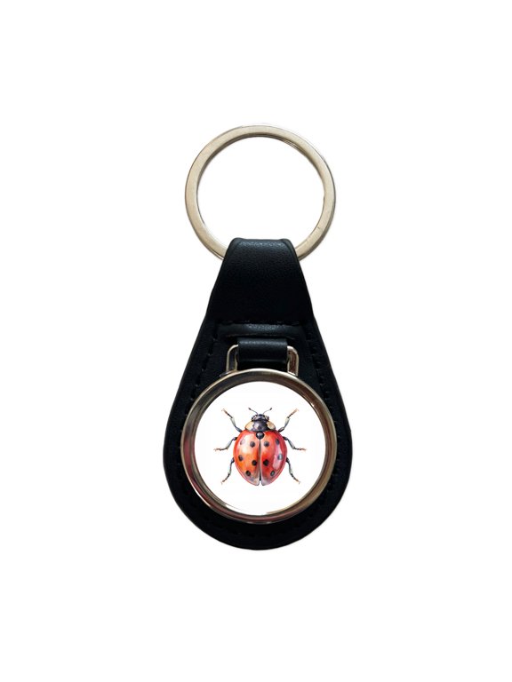 Ladybug Watercolor Metal Black Leather Keychain