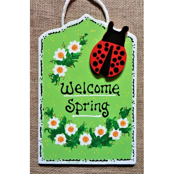 Ladybug Welcome Spring Sign Wall Art Door Hanger Plaque Country Seasonal Decor