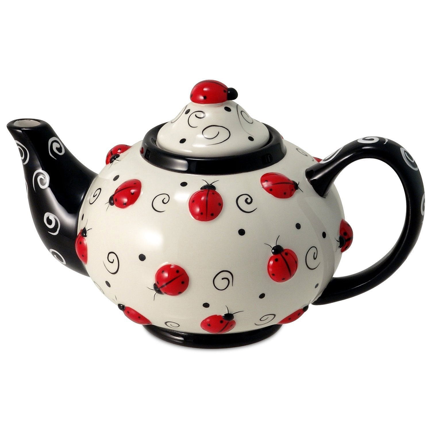 Hand-Painted Ceramic Ladybug Teapot with Swirls, 46 oz