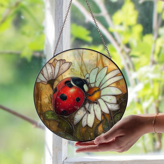 Ladybug and Daisy Flower Glass Suncatcher, Nature Insect Art, 3.5 in