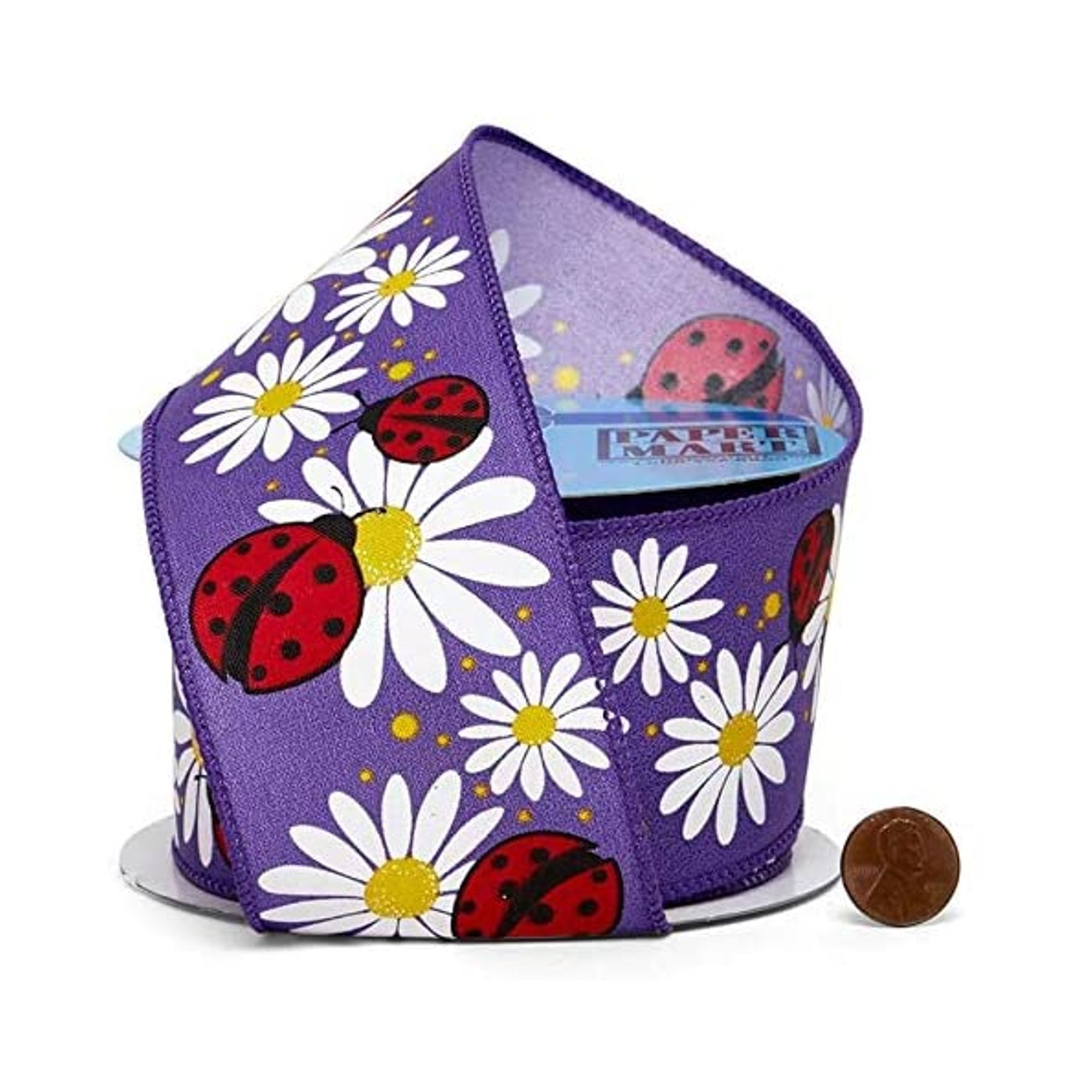 PPM BRANDS Ladybug and Flowers On Purple Wired Ribbon - 2 1/2 Inches Wide X 10 Yards (56155803)