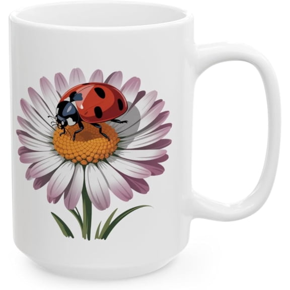 Ladybug on Daisy Floral Mug, White Ceramic 15 oz Coffee Cup with Nature Illustration