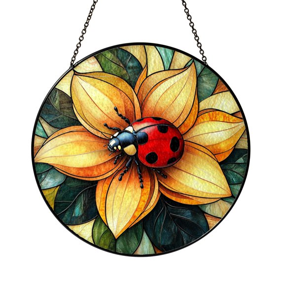 Ladybug on Flower Stained Glass Suncatcher – Spring Window Hanging Decor