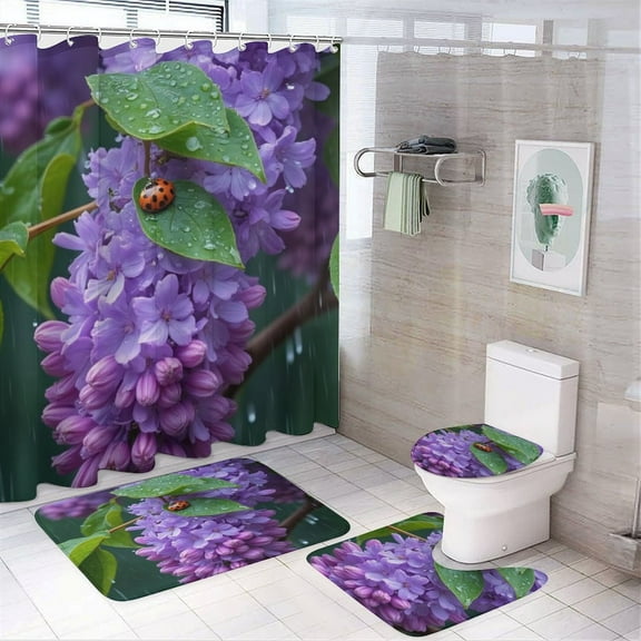 Ladybug on Purple Flowers in Rain Shower Curtain Bathroom Sets Toilet Lid Rug, Bath Mat And Contour Mat, Shower Curtain 4Pcs